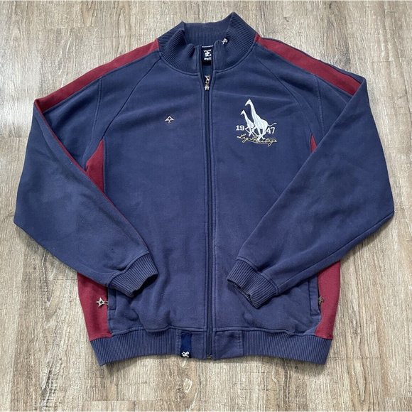 Lrg Equipment Heritage Mens Full Zip 1947 Giraffe Print  Sweater  Blue Red 2XL - Picture 1 of 3